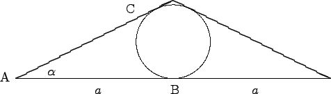 \begin{picture}(108,29)(-3,-3)
\put(0,0){\line(1,0){100}}
\put(0,0){\line(2,1){5...
...$a$}
\put(75,-5){$a$}
\put(49,-5){B}
\put(35,21){C}
\put(-5,-1){A}
\end{picture}