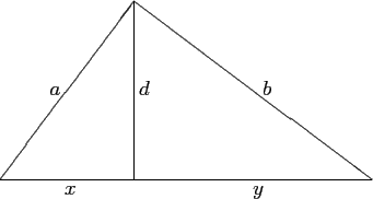 \begin{picture}(75,44)(-10,-4)
\put(0,0){\line(3,4){27}}
\put(27,36){\line(4,-3)...
...put(28,17){$d$}
\put(53,17){$b$}
\put(13,-3){$x$}
\put(51,-3){$y$}
\end{picture}