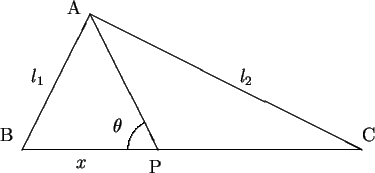 \begin{picture}(75,00)(-10,30)
\put(0,0){\line(1,2){15}}
\put(15,30){\line(1,-2)...
...48,15){$l_2$}
\put(20,4){$\theta$}
\put(12,-4){$x$}
\put(28,-5){P}
\end{picture}