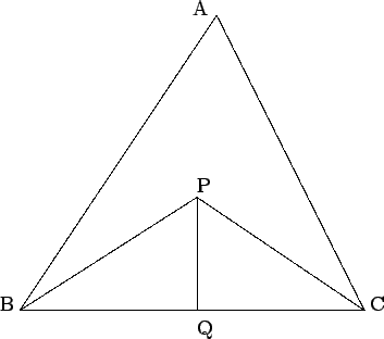 \begin{picture}(75,68)(-10,-4)
\put(0,0){\line(1,0){70}}
\put(36,0){\line(0,1){2...
...5,60){A}
\put(-4,0){B}
\put(71,0){C}
\put(36,24){P}
\put(36,-5){Q}
\end{picture}